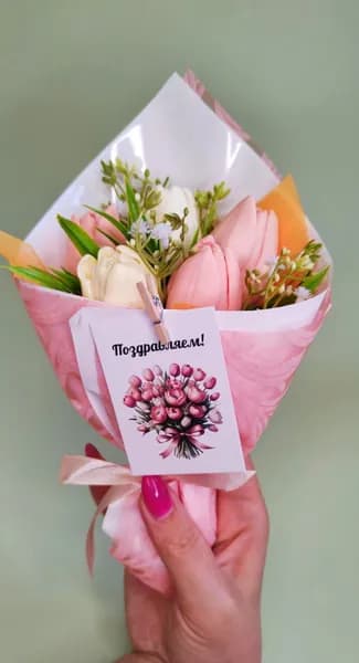 Мини букет из мыла, Букет из 5 Тюльпанов (Оранжево-розовый),1шт., Подарок на праздник, Новый год и рождество, 8 Марта