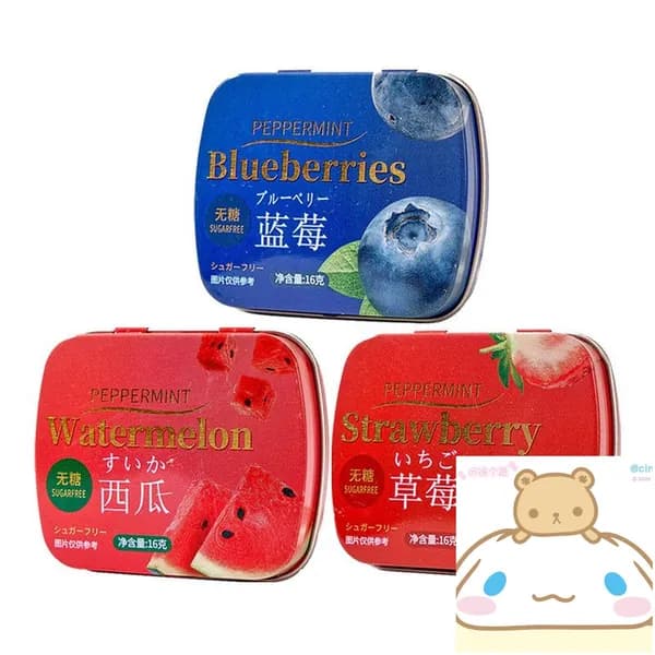 Безсахарные мятные конфеты Ke Li Guo, набор из 3 вкусов: черника, арбуз, клубника, 16 г х 3, металлическая коробка