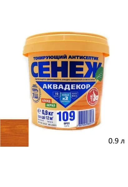 СЕНЕЖ декоративная пропитка Аквадекор X2, 0.9 кг, 0.9 л, 109 Орех
