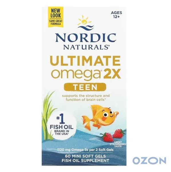 , Ultimate Omega 2X Teen, Омега-3 для подростков от 12 до 18 лет, рыбий жир, ЭПК/ДГК, со вкусом клубники, 60 мини-капсул