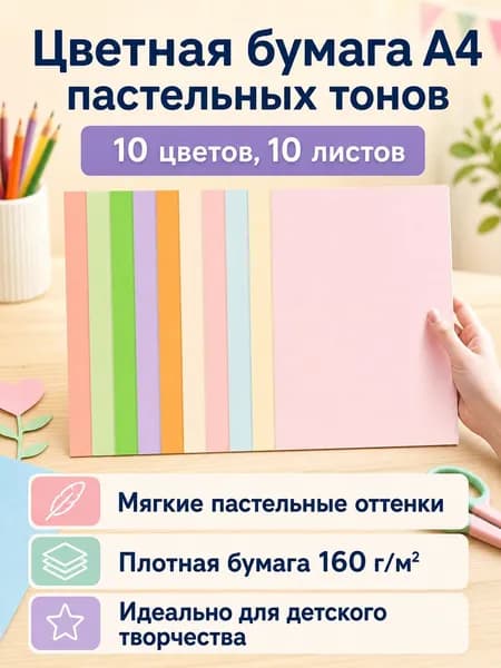 Бумага цветная для флипчарта, Копировальная A4, 10 лист., шт