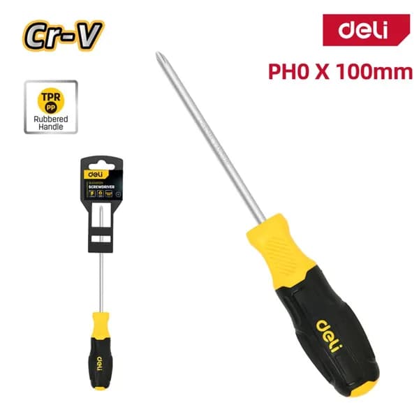 Крестовая отвертка PH0x100мм Deli DL633100N сталь Cr-V, двухкомпонентная прорезиненная рукоять
