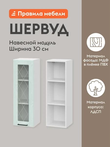 Кухонный модуль навесной, шкаф Шервуд с доводчиками, с полками, 30х29.6х91 см, Белый / Деним голубой со стеклом