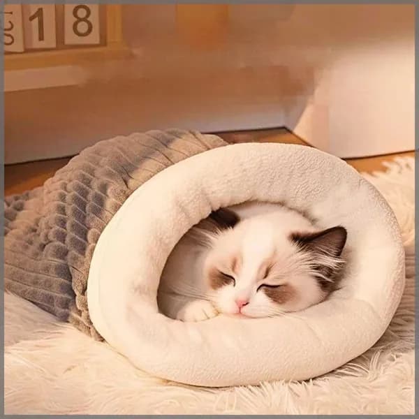 Тёплая кровать для кошки, уютная лежанка и спальный мешок