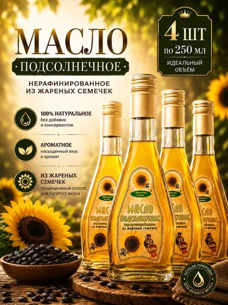 Масло растительное подсолнечное нерафинированное холодного отжима, "Ароматы жизни", 4шт по 250 мл