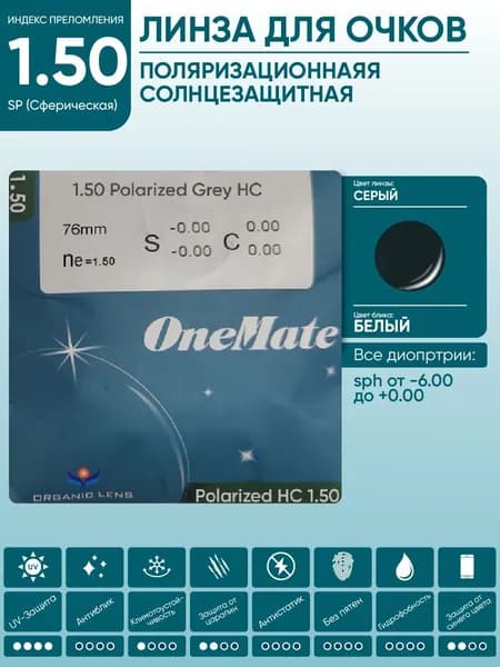 Линзы для очков sph -1.50 поляризационные серые солнцезащитные OneMate POLARIZED 1.49 SP CR-39 HC сферические
