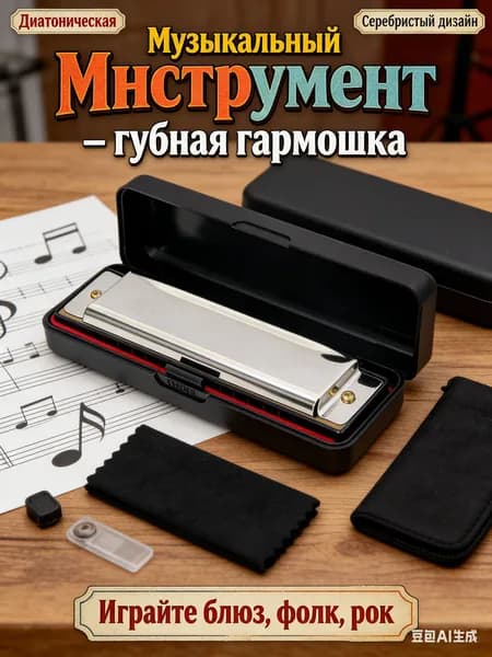 Губная гармошка с футляром, диатоническая, тональность С, серебристая