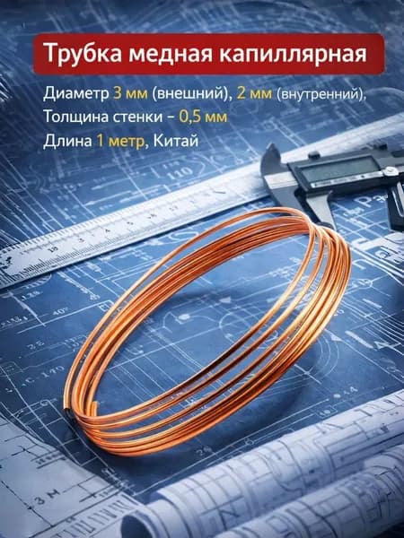 Трубка медная капиллярная диаметр 3 мм(внешний), 2 мм (внутренний), толщина стенки - 0,5 мм длина 1 метр, Китай