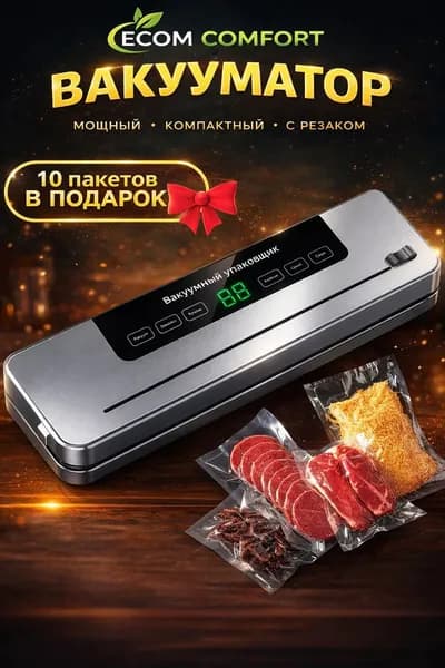 Вакуумный упаковщик. Металлический корпус. Мощность 110 Вт. С дисплеем. Для продуктов