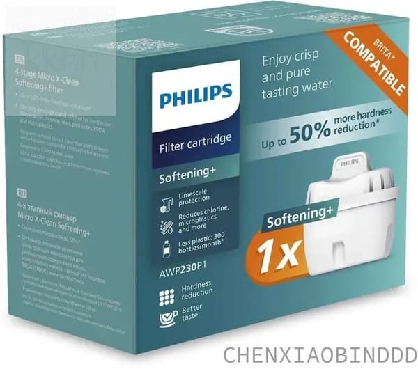 Сменный картридж для очистки жесткой воды Philips AWP230P1,1 штука,смягчение воды,удаляет хлор,известковый налет,тяжелые металлы,не содержит BPA,подходит для фильтр-кувшинов Brita и Philips