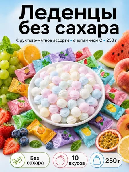 Леденцы без сахара мятно-фруктовые с витамином C, ассорти вкусов, 250 г