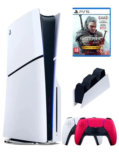 PS5 (ПС5) Игровая приставка Sony PlayStation 5 Slim +2-й геймпад(красный)+зарядное+игра Witcher 3, 1000ГБ