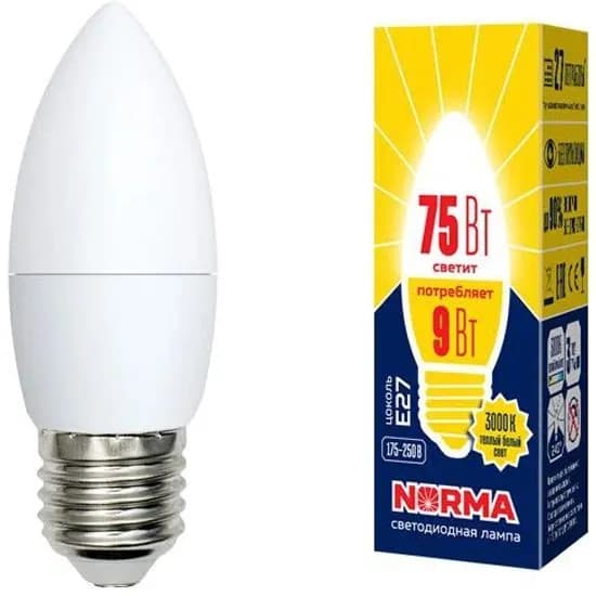 Светодиодная лампа LED-9W E27. Форма свеча, матовая. 3000к 3 шт