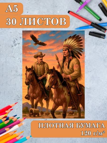 Раскраска антистресс для мальчиков и взрослых индейцы ковбои А5 на пружине