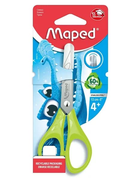 Ножницы школьные 13 см Maped Essentials, симметричные кольца, зеленые