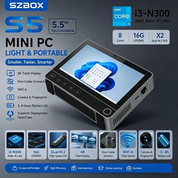 SZBOX Мини-ПК (Intel Core i3-N300, RAM 16 ГБ, Windows), светло-серый