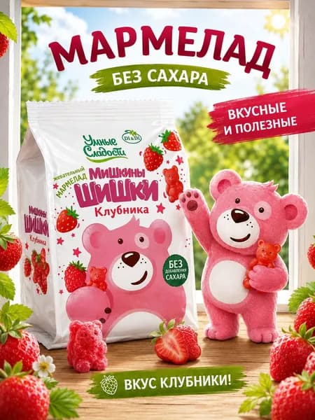 Мармелад жевательный без сахара "Умные сладости" Клубника 150г.