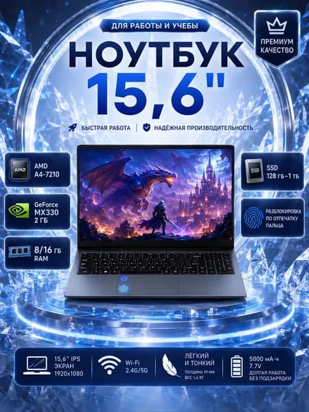 Ноутбук 15.6", AMD A4-7210, RAM 16 ГБ, SSD 1024 ГБ, NVIDIA GeForce MX330 (2 Гб), Windows Pro, серый, Русская раскладка