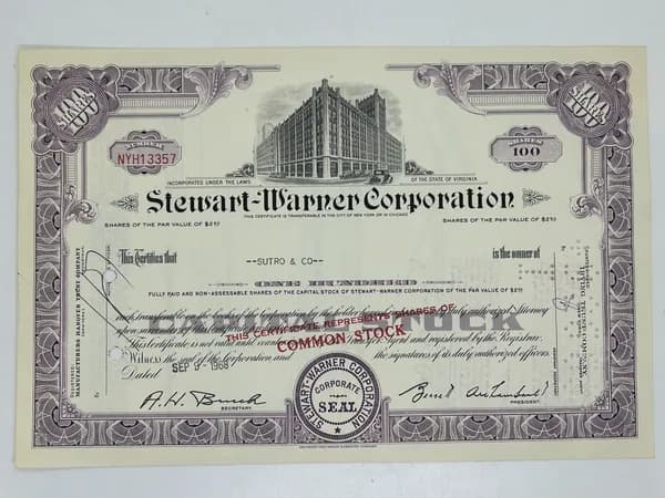 Ценная бумага США Производство авто приборов Stewart-Warner Corporation, 1960-1970 года Ценная бумага№1
