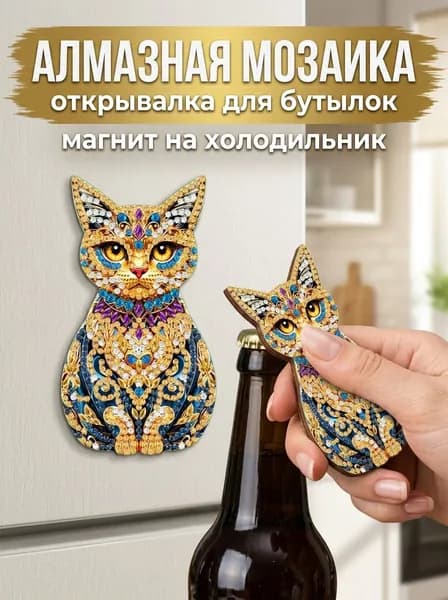 Алмазная мозаика: открывалка для бутылок в форме кошки с мандалой, с магнитом, наклейка на холодильник, практичный декор для дома