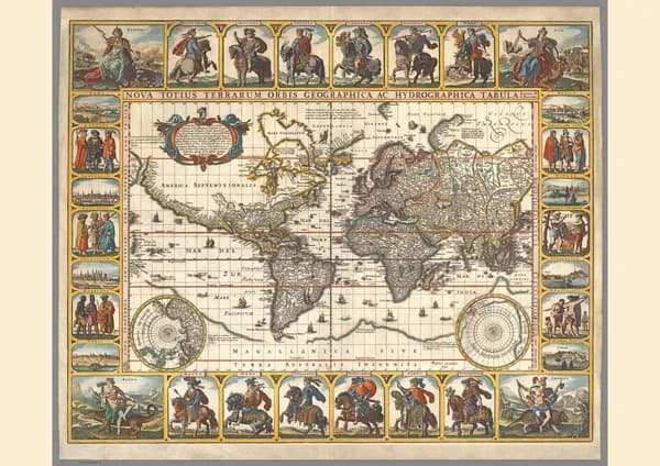 Карта мира настенная - Репринт старинной карты 1652года - 80х60см