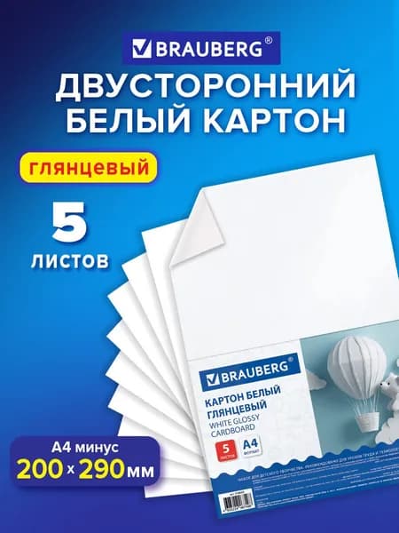 Картон белый A4 5 л Brauberg, мелованный (белый оборот)