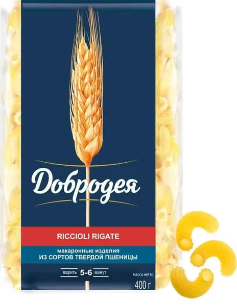 Макаронные изделия Высший сорт "Добродея" RICCIOLI RIGATE 400гр. 2шт.