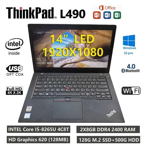 Lenovo 14" LENOVO Thinkpad L490 Ноутбук 14", Intel Core i5-8265U, RAM 16 ГБ, SSD, HDD 128 ГБ, Intel UHD Graphics 620, Windows Pro, (14" LENOVO Thinkpad L490), черный матовый, Английская раскладка