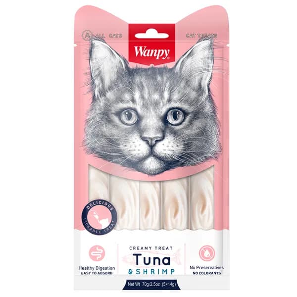 Wanpy Cat Лакомство для кошек "Нежное пюре" с тунцом и креветками, 70 г