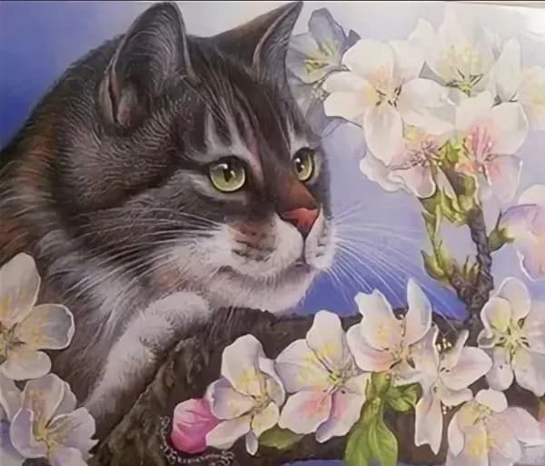 Алмазная мозаика со стразами Кот с цветами/Выкладка полная/Размер холста 30х40 см/Размер картинки 25х35
