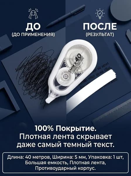 Замазка, Большая корректирующая лента чистая 1 шт, белый