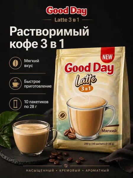 Кофе 3 в 1 Good Day Латте растворимый кофейный напиток 10 пакетиков. по 28 г.