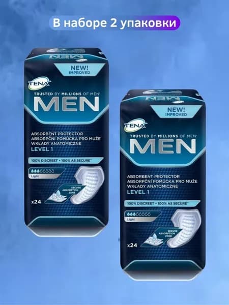 Набор урологических прокладок для мужчин Tena Men Level 1 Light, 3 капли, 300 мл, 2 упаковки, 48 штук