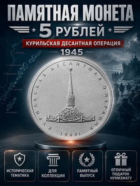 Курильская десантная операция. Памятная монета, 5 рублей, 2020
