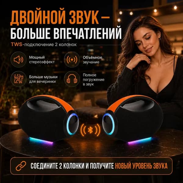 Портативная Bluetooth колонка 20W, RGB подсветка, 360 звук, мощный бас, Bluetooth 5.3, TWS стерео, влагозащита, беспроводная акустика