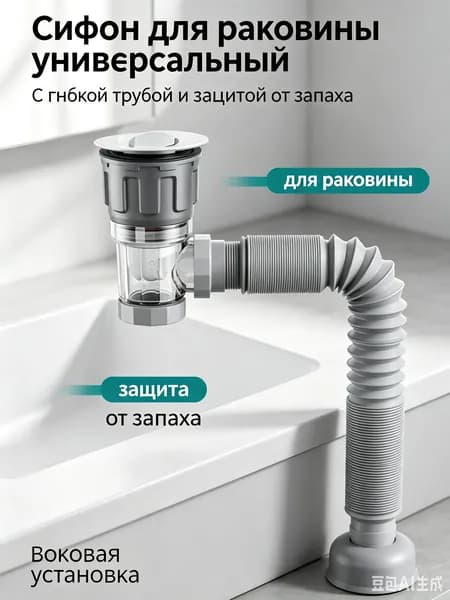 Серый сантехнический сифон многослойная защита от запаха гибкая удлиняющаяся труба универсальный монтаж 1 штука