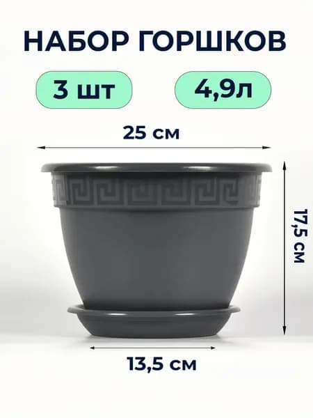 Горшок Антик 4.9л, антрацит 3 шт