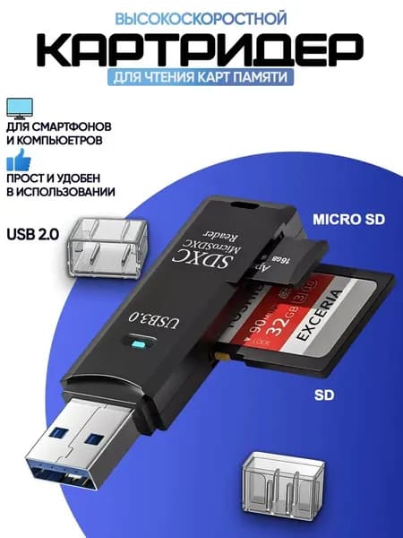 Картридер-переходник для SD карт, USB адаптер для карт памяти, для ноутбука, компьютера, фотоаппарата, компактный, поддержка SD/SDHC/SDXC