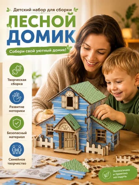 Детский деревянный конструктор Лесной домик, 22 детали, 13,7 на 9,1 на 10,5 см, сборная модель для творчества