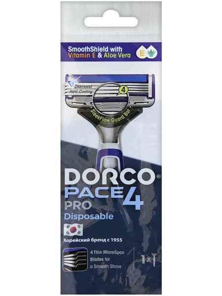 Dorco Бритва одноразовая PACE4 PRO (1 станок), 4 лезвия, плавающая головка, увлажняющая полоса, прорезиненная ручка