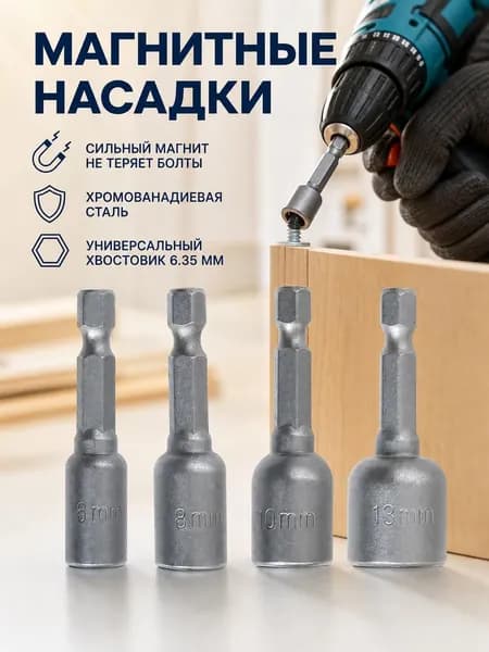 Набор магнитных бит-насадок 4 шт. Из стали S2. 6,8,10,13 мм. Для дрели и шуруповерта. Длина 48 6,35 мм хвостовик
