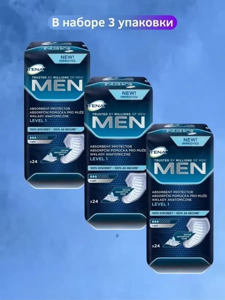 Набор урологических прокладок для мужчин Tena Men Level 1 Light, 3 капли, 300 мл, 3 упаковки, 72 штуки