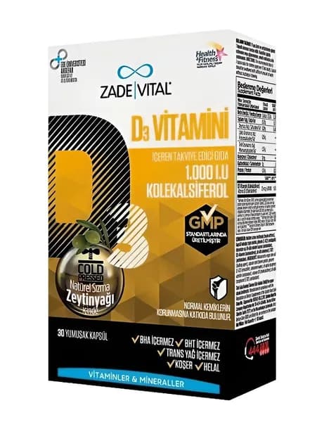 Zade Vital Витамин D3 1000 IU 30 Мягких Капсул Поддержка Иммунитета, Костей, Зубов и Мышц