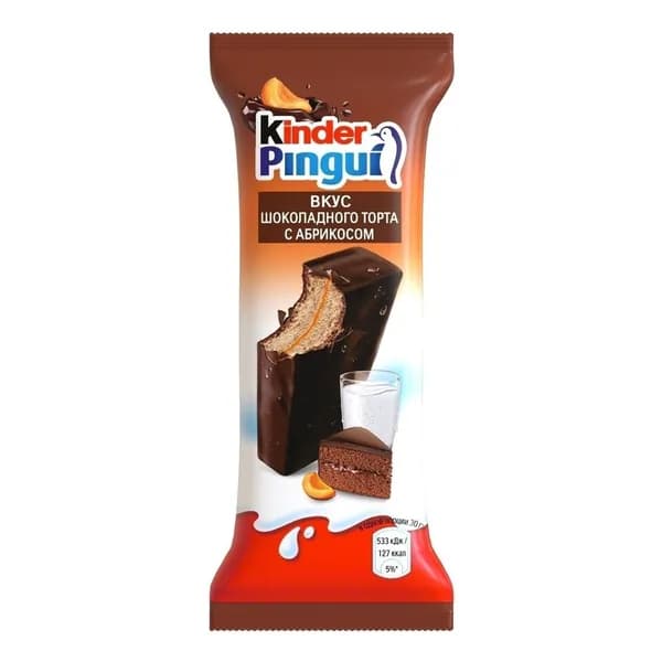 Пирожное Kinder Pingui бисквитное с молочной начинкой покрытое шоколадной глазурью со вкусом шоколадного торта с абрикосом охлаждённое 30 г Италия