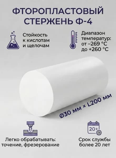 Фторопласт стержень, диаметр 30мм, длина 200мм