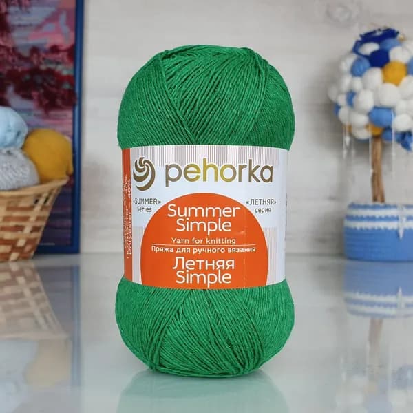 Пряжа Летняя Simple Пехорка - 480 (яр.зелень) - 1 моток, 60% хлопок, 40% полиэстер, (100г, 500м) нитки для ручного вязания