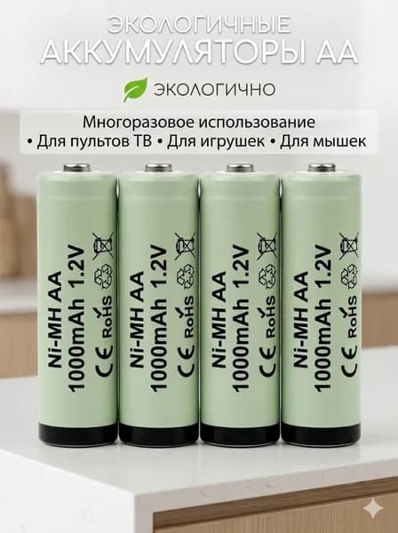 Зелёный аккумулятор AA 1000 мАч Panasonic перезаряжаемый Ni-MH 1.2V для пульта, игрушек, часов и портативных устройств 4 шт.