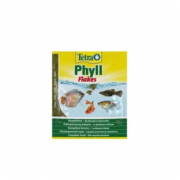 Tetra Phyll Flakes, основной корм для травоядных аквариумных рыб, хлопья, 12г