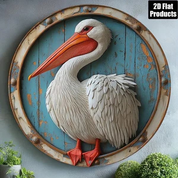 Табличка "Пеликан на старой доске", морской стиль, металл, декор для ванной и террасы, круглая, 20х20 см.