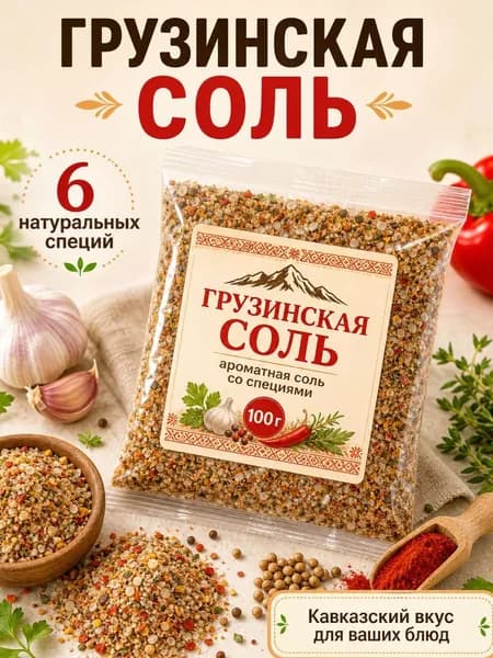 Грузинская соль 100 г, кавказская соль со специями, приправа с чесноком, кориандром, куркумой и паприкой для мяса, рыбы и овощей